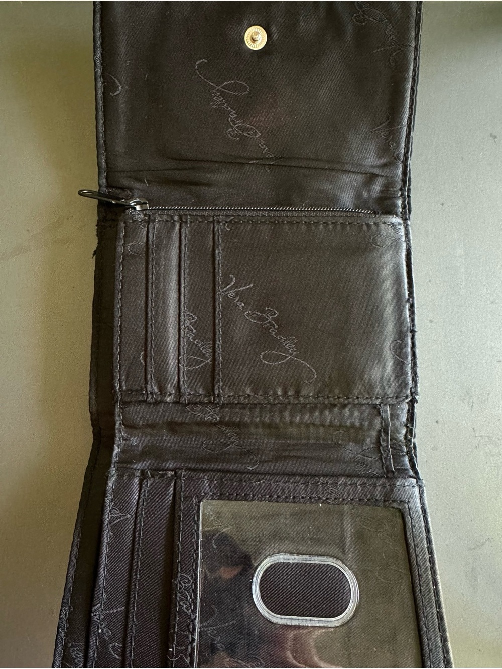 Vera Bradley Black Quilted Logo Tri-Fold Wallet Snap Closure ID Window - Picture 5 of 10